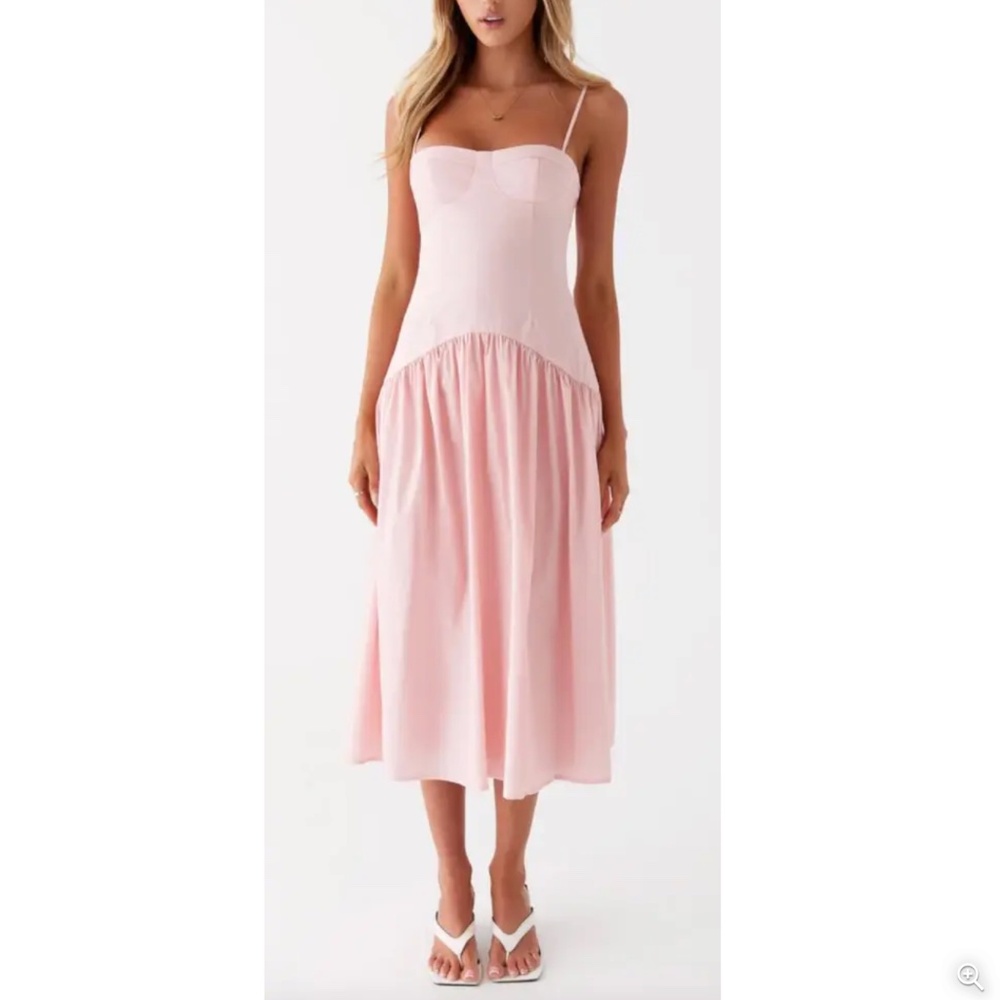 Peppermayo pink, midi, fit flare dress.